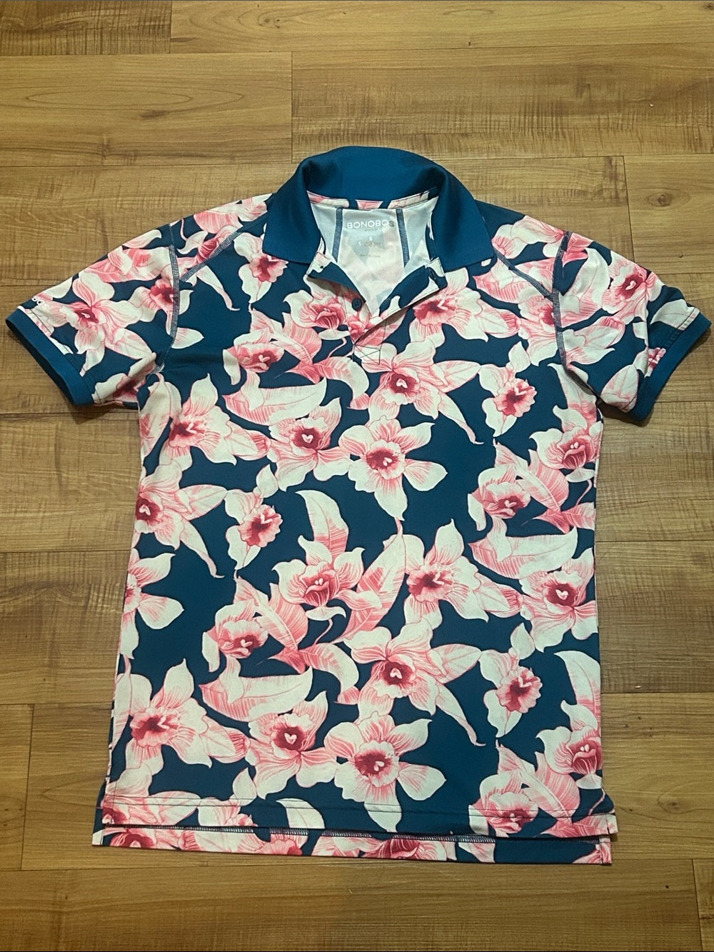 Bonobos Golf Slim Fit Teal Polo with Pink Floral Print Small